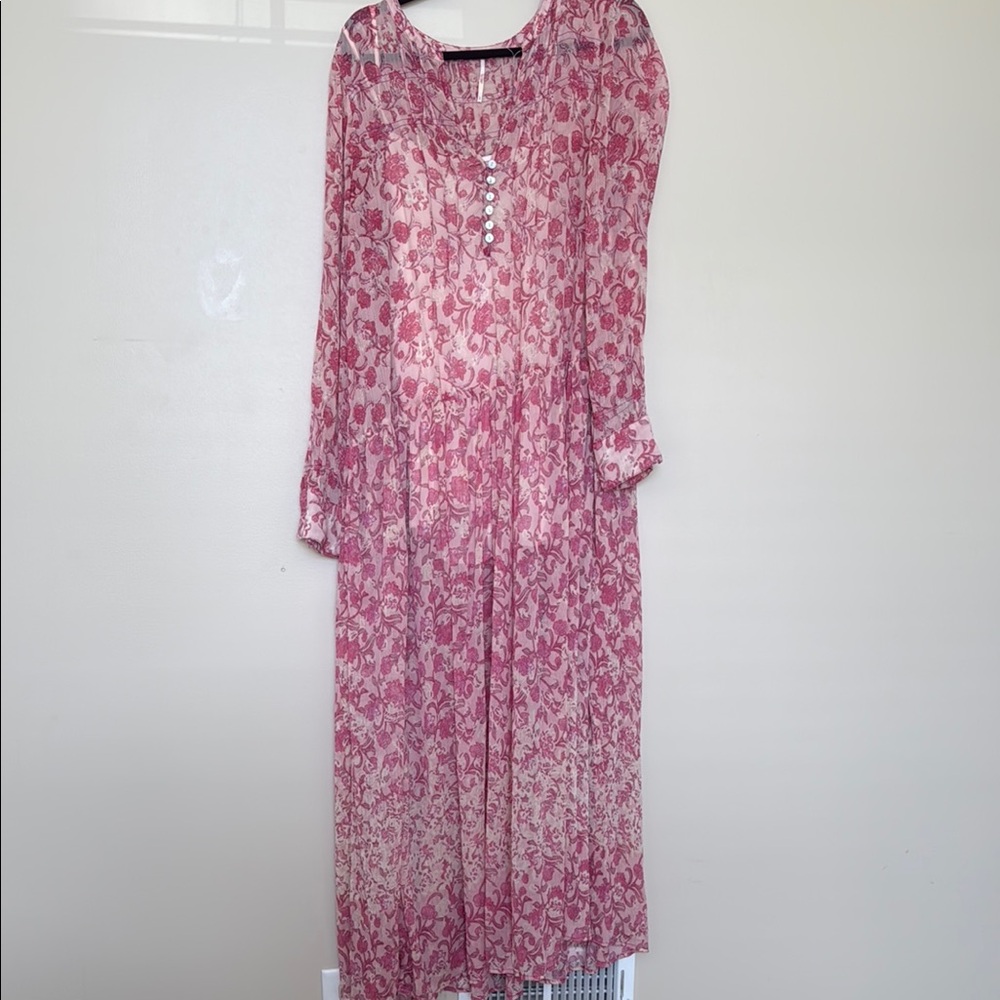 Free People Pink and White Bishop Sleeve Sundress